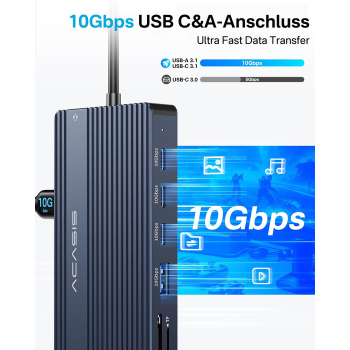 Хаб USB-C ACASIS DS0202 з двома виходами HDMI та DP (4K60Hz), Ethernet, 3 USB, 10Gbps, 100W PD, SD/TF, Audio, для MacBook/Dell/HP/Lenovo