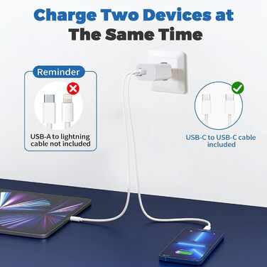 Подвійне зарядне USB-C 20W з кабелями для iPhone 16/15/iPad та інших пристроїв