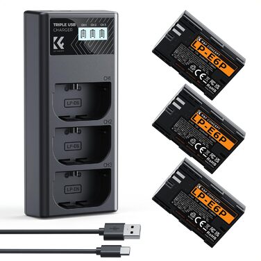 Акумулятор Canon LP-E6P (3 шт.) K&F Concept + Зарядний пристрій на 3 слоти, 2400mAh для Canon EOS R5, R6, R7, 5D Mark IV
