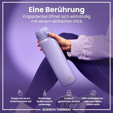 Ion8 Vacuum Insulated Stainless Steel Water Bottle, 1 Liter, 920 ml, Leak-Proof, One-Handed Opening, Secure Locking Mechanism, Dishwasher Safe, Carrying Handle, Durable, Ideal for Sports and Yoga (OneTouch 2.0, Light Purple)
