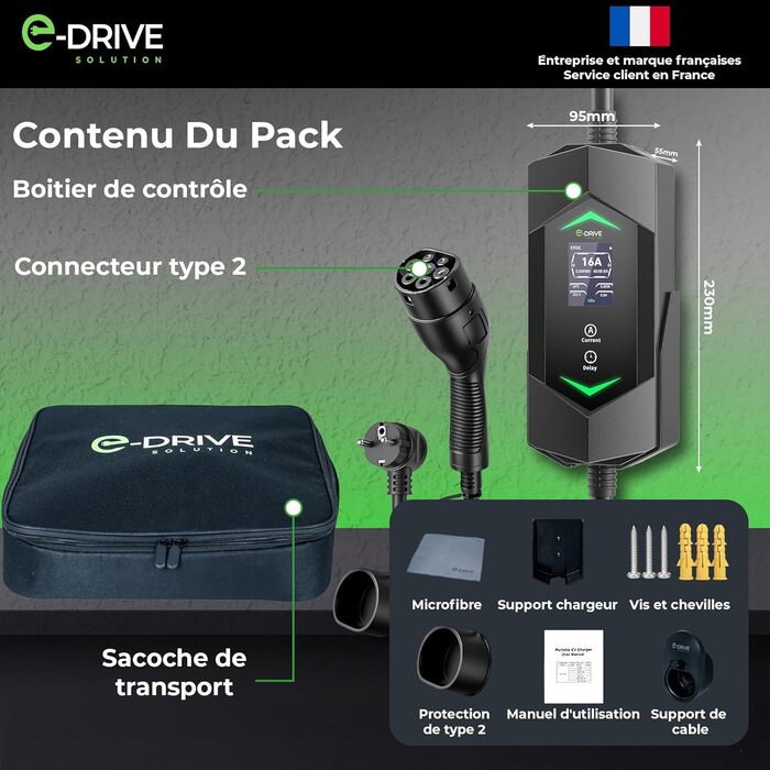 Зарядний пристрій для електромобілів 16A (3.7кВт) E-Drive Solution, 6м, Type 2, LCD, з тримачем, сумісний з Green Up/Skudo