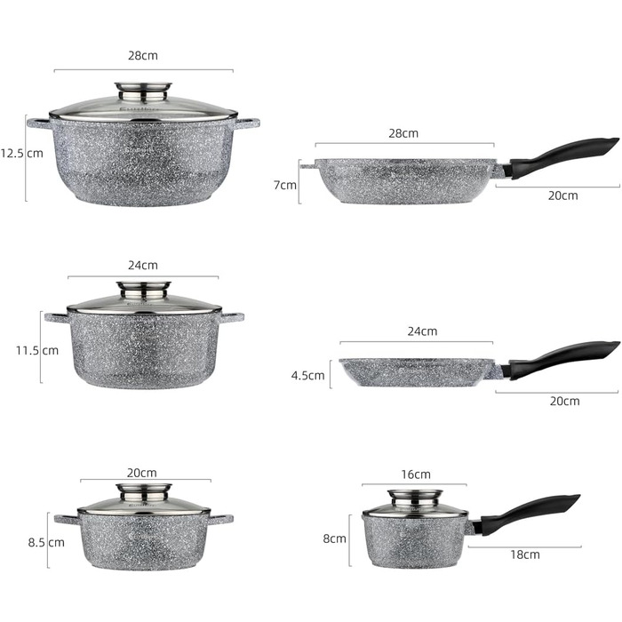 Набір каструль та сковорідок EliteHoff Induktion, 17 предметів, з антипригарним покриттям, для всіх типів плит, нержавіюча сталь, сірий, E-7031