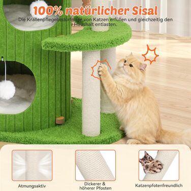 Котячий будиночок з подряпувачем Luxus: широка колона з берези, міцний, до 25 кг, сизаль, велике ліжко з подушкою з льону, легко збирається (зелений)