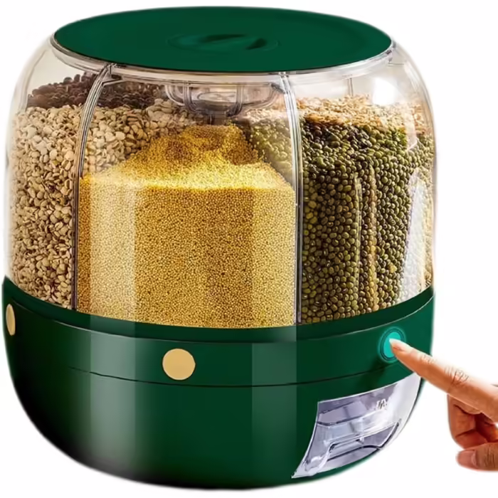 Rotating Dry Food Storage Container with 6 Compartments, Cereal Storage Container, Countertop, 6 kg Grain Organizer and Dispenser, Round, 360-degree Rotating Food Dispenser for