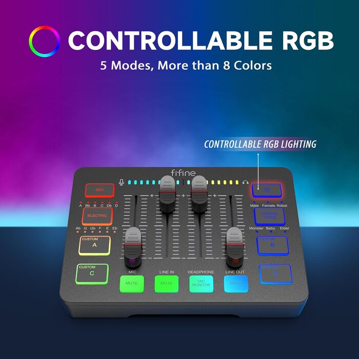 FIFINE ігровий аудіомікшер для ПК, RGB звукова карта для XLR мікрофона, аудіоінтерфейс для стрімінгу та музикантів, мікшерний пульт для геймерів і креаторів, індивідуальне керування, зміна голосу, чорний