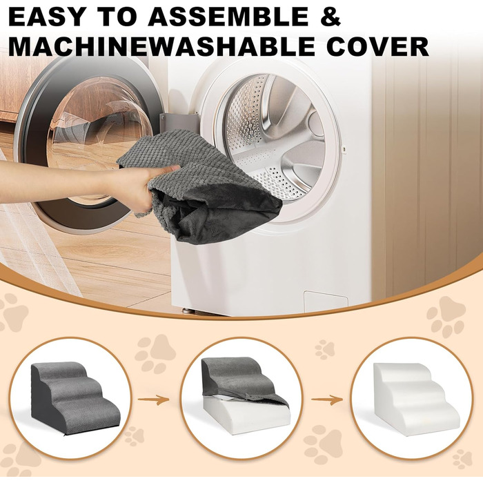 Сходи для собак маленьких порід Otauoaea: 3 сходи, антиковзаюча поверхня, для софи та ліжка, знімний чохол, сірий колір