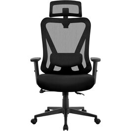 Офісне крісло Yaheetech з регульованою підголовником та поперековою підтримкою, дихаюча сітчаста спинка, широке сидіння, S-подібна спинка, поворотне на 360°, чорний