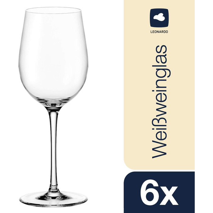 LEONARDO HOME Leonardo Hello, White wine goblet with pulled stem, dishwasher-safe wine glasses, 6-piece set, 370 ml, 061447, clear, 6 pieces (1 pack), 6