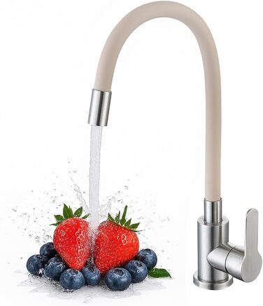 Кран кухонний з гнучким шлангом 360°, високий тиск, поворотний, нержавіюча сталь, бежевий