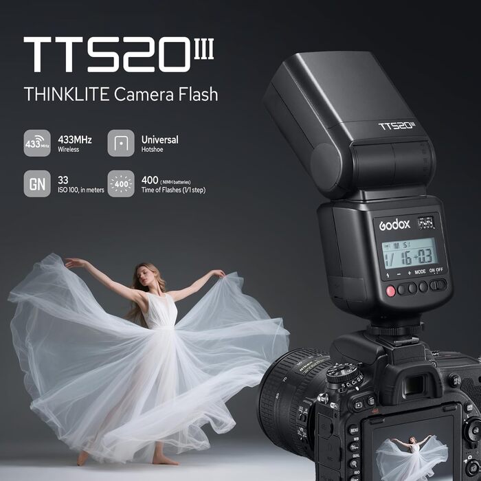 Спалах Godox TT520III для камери: потужність GN 33, RT-16 радіосинхронізатор, оптичний S1/S2, PC-порт для Canon/Sony/Fujifilm/Nikon/Panasonic/Olympus