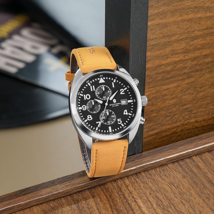 Чоловічий годинник SAPPHERO: кварцовий, аналоговий, з шкіряним ремінцем. Класичний бізнес-годинник, водостійкий (50 м), з арабськими цифрами, хронограф, стильний годинник для повсякденного носіння (срібний, чорно-коричневий ремінець, модель 2215)