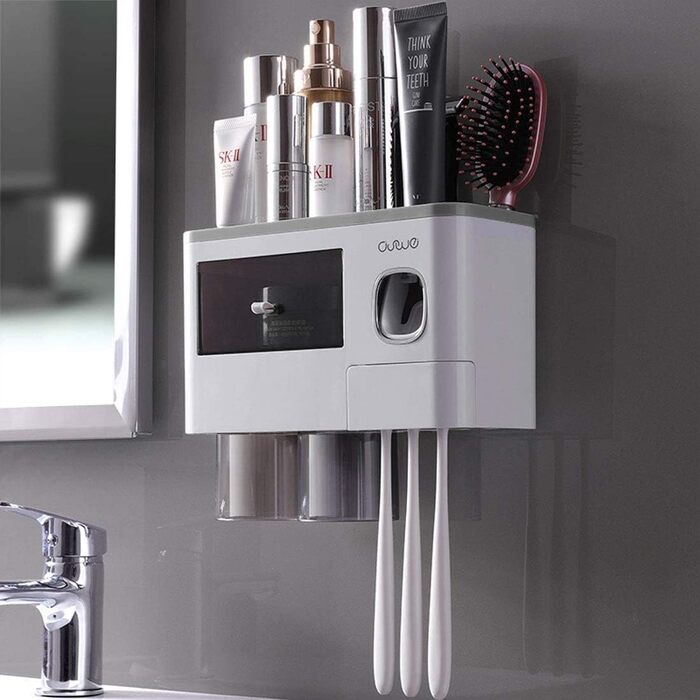 Automatic Toothpaste Dispenser Wall-Mounted, Space-Saving Toothbrush Holder for Bathroom, 2 Transparent Magnetic Cups, 6 Toothbrush Slots, 1 Cosmetic Organizer Drawer (2 Cups)