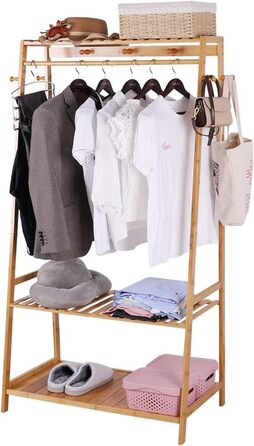 Bamboo Coat Rack, Clothes Rack with 3 Shelves and 10 Hooks, Clothes Rail, for Hallway, Living Room and Office, 80x43.5x165cm