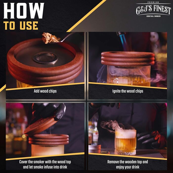 Набір для копчення віскі | Набір для копчення коктейлів | Набір для копчення бурбону | Набір для копчення Old Fashioned з потрійною запальничкою, 6 дерев'яних стружок та дерев'яною коробкою для копчення напоїв | Подарунок для чоловіків (без бутану)