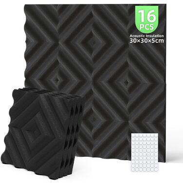Акустичний поролон Foneso для звукоізоляції, панелі-поглиначі шуму 30x30x5 см, висока щільність 25кг/м³, хвилястий візерунок, чорний (16 шт) для студії, офісу та кімнати запису