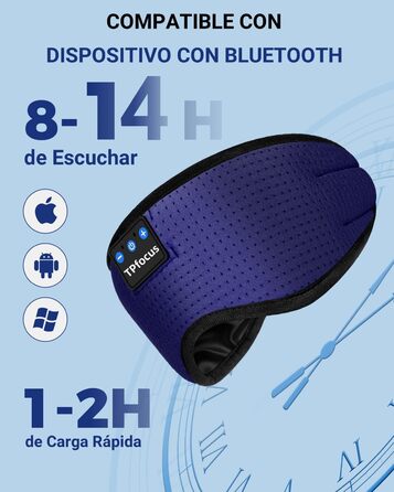 Маска для сну TPfocus з навушниками для тих, хто спить на боці, Bluetooth, миється, блокує світло, з мікрофоном, блакитний колір. Підходить для подорожей, сну, йоги, медитації та сну.