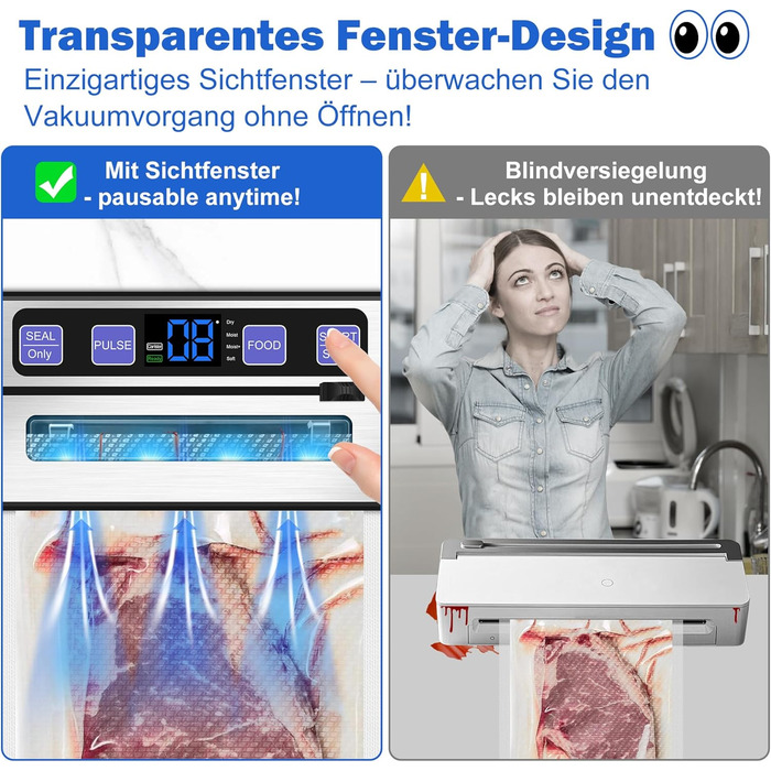 Вакуумний упаковник KLGFI 7-в-1: професійний, з подвійною зварювальною лінією, з різаком та цифровим таймером, комплект з 50 пакетами, срільно-чорний