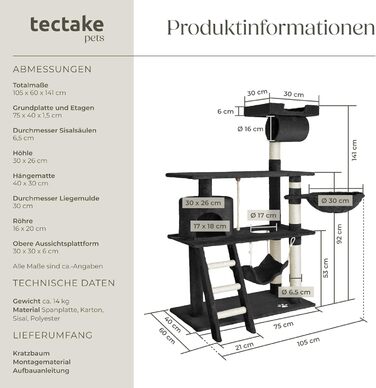 Кігтеточка Tectake для котів з будиночком, гамаком, сходами та іграшками, 141 см, чорна