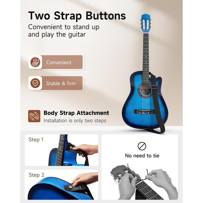 Акустична гітара Moukey для початківців, дітей, підлітків та дорослих, 38 дюймів, блакитна. Комплект з чохлом, тюнером, медіатором, каподастром та нейлоновими струнами