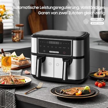 Iceagle Dual Zone Air Fryer Double Chamber 9L - XXL Air Fryer with 8 Programs | Airfryer with 2 Baskets, Oil-Free Fryer, Preheating & Keep Warm, 2600W