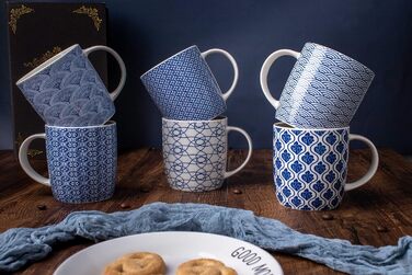 Set of 6 coffee cups with black and white geometric pattern, ceramic tea cup set of 6 (black cup set) (Blue)
