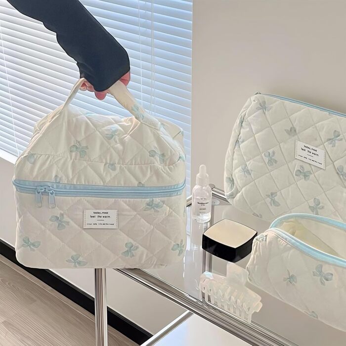 Набір косметичок 3 шт. для подорожей, дамські косметички з квітковим принтом, набір для макіяжу, косметичні сумочки для дівчат та жінок (блакитна стрічка)