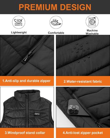 Обогреваемый жилет для мужчин и женщин с 26 зонами обогрева – жилет с поддержкой 5V/7.4V, быстрый нагрев, 4 зоны управления – идеально подходит для зимней велоспорта, кемпинга и работы – без аккумулятора, черный, XL