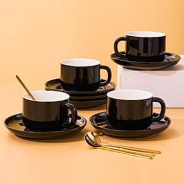 Набір кавових чашок і блюдець з ложками, 4 шт., 220 мл, кераміка, чорний колір. Чашки капучіно для чаю та еспресо