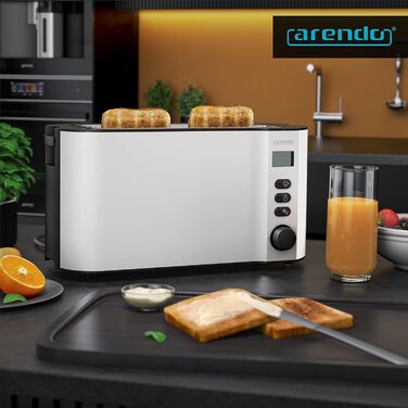 Тостер Arendo з нержавіючої сталі з 4 широкими слотами, подвійними стінками, інтегрованим тримачем для булочок, ступенями підсмажування 1-6, центровкою хліба, автоматичним вимкненням та дисплеєм з індикатором часу. Колір: білий