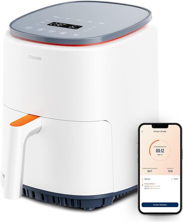 COSORI Lite Air Fryer 3.8L, preset multi-stage cooking, up to 230℃, smart control, 1500W, 1-3 servings, free online recipes, dishwasher safe, White 3.8L White