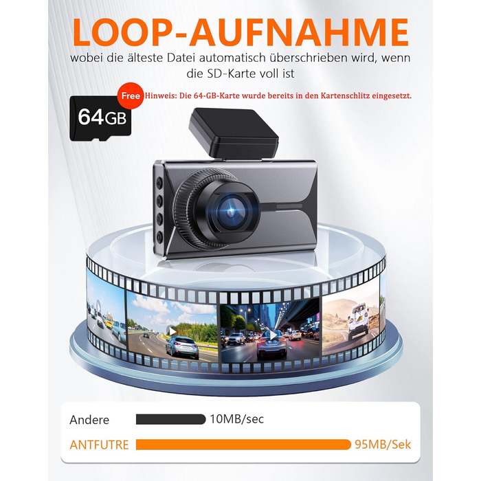 Відеореєстратор Antfutre Dashcam Auto Vorne Hinten 4K+1080P з GPS, WiFi, HDR, G-Sensor, 24/7 Parküberwachung, Loop-Aufnahme MXC-857-64GB