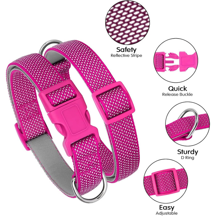 Світловідбиваючий нашийник для собак Didog з пряжкою, регульований, м'який неопрен, з підкладкою, нейлон, для малих, середніх та великих собак, зелений, L (M: Neck 25-43cm, Hot Pink)