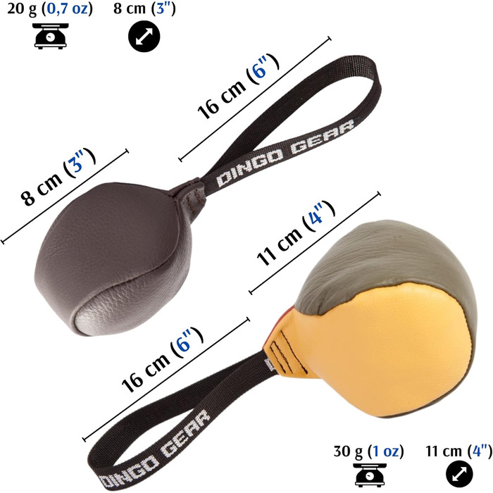 Dingo Gear м'яч для собак із ручкою зі шкіри, для тренування укусу, набір 8 см + 11 см, різнокольоровий