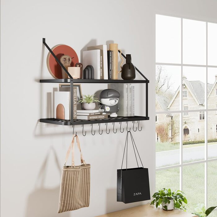 Warmiehomy Kitchen Wall Pot Rack, Wall Shelf Kitchen with 10 Hooks, 2-Layer Pot Pan Organizer, Hanging Spice Rack, Wall Mounted Kitchen Utensil Holder Kitchen Shelf (74.9x34.8x58.9 cm)