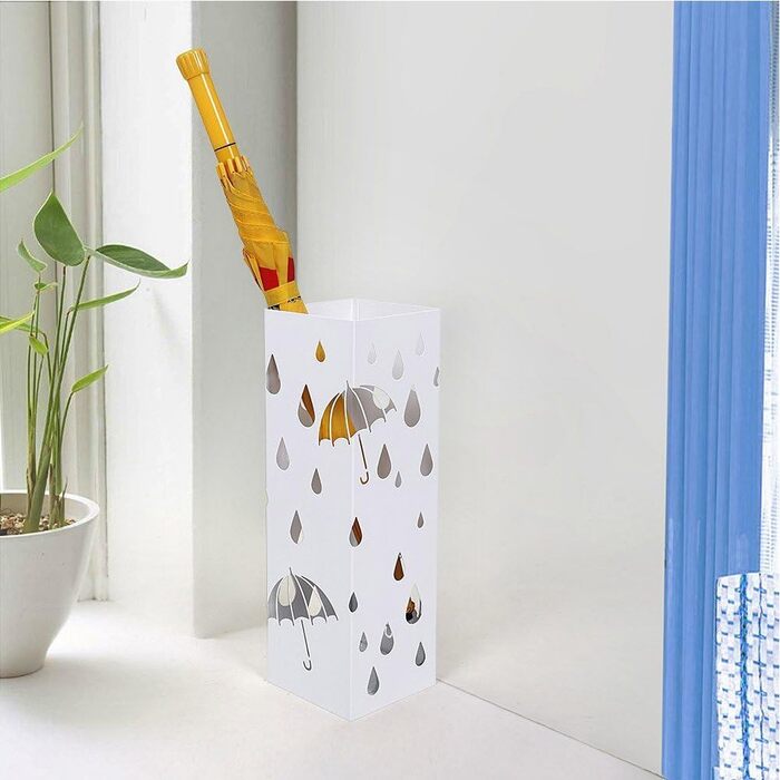 Bakaji Metal Umbrella Stand with Water Tray - White, Square Design, 49x15.5x15.5cm