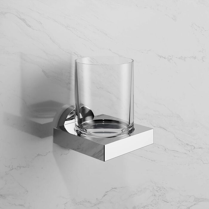 KEUCO Toothbrush Cup Holder, Crystal Glass, Adhesive Mounting, No Drilling Required, High-Gloss Chrome, Glass with Holder, Toothbrush Holder, Edition 90 (without adhesive set)