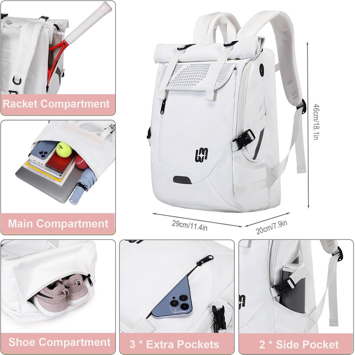 Спортивна сумка для тенісу UtiaMiaoGonGo - рюкзак для ракет, вміщує 2 ракетки та має відділення для взуття. Підходить для тенісу, бадмінтону та падел-тенісу (білий)