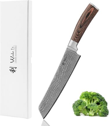 Кухонний ніж Wakoli EDIB Bunka з дамаської сталі (серцевина VG10), 20 см - гострий та ергономічний. Ніж з ручкою з паккавуду в подарунковій коробці. Кухонний ніж для професійних та аматорських кухарів. Без гравіювання