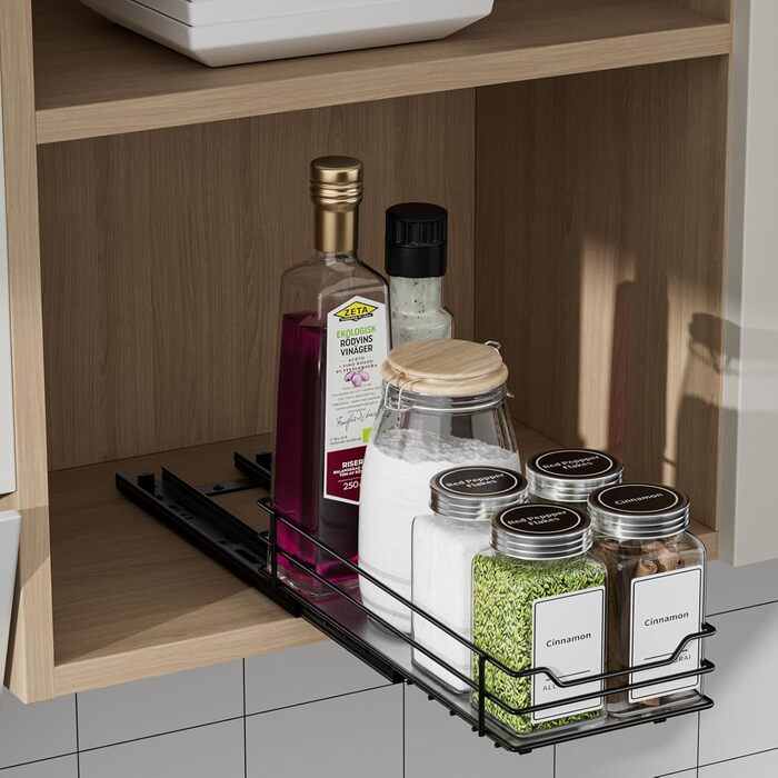 Висувна полиця для спецій у шафу, 2 яруси, регульована висота, чорний колір, органайзер для спецій, органайзер для кухні (11.8*26.4*5.6 см)