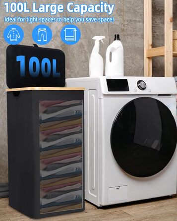 Laundry Basket with Lid 100L, Laundry Box with Bamboo Handles and Inner Pocket, Bamboo Laundry Collector, Large Capacity, Laundry Baskets, Foldable Laundry Baskets for Laundry Room, Bedroom, Bathroom (black)