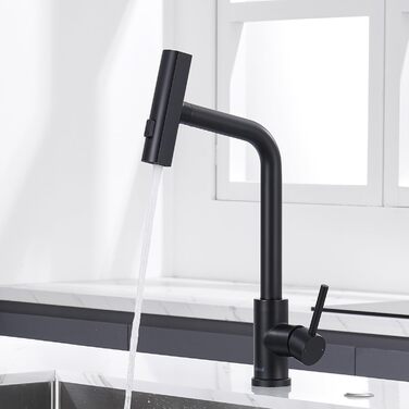 Чорний кухонний змішувач з висувною лійкою, водоспад, високий тиск, 3 режими, поворотний на 360°, з нержавіючої сталі, матовий, для кухні