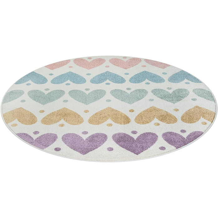 Дитячий килим Beat Kids сучасної колекції, м'який, круглої форми (120 см), колір кремовий з кольоровими серцями, стійкий до вицвітання та легкий у догляді