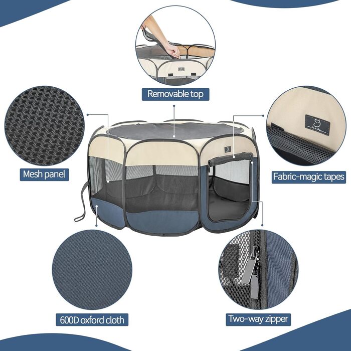 Клітка-вигул для цуценят та котів 4 Pet, складана, для дому та вулиці, з мискою, блакитно-біла