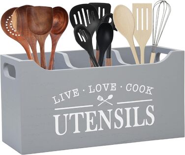 Karisky Kitchen Utensil Holder with Drainage Bottom, Large 3-Compartment Solid Real Wood Utensil Organizer for Countertops, Cooking Tools for Farmhouse Kitchens, (Gray)