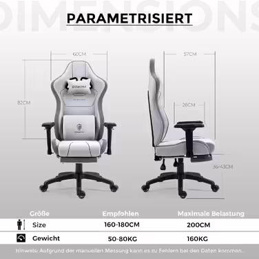 Ігрове крісло Dowinx з тканини XXL, ергономічне, з масажем, 4D підлокітники, підніжка, сіре, для ПК та офісу