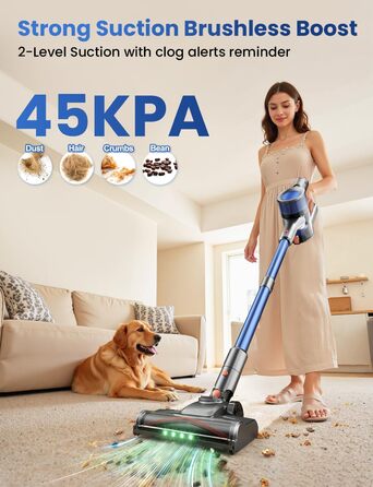 Бездротовий пилосос Dzaki 45000Pa з акумулятором, дисплеєм та антизаплутувальною насадкою для килимів, твердих підлог та шерсті тварин