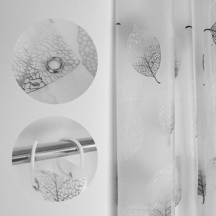 Шторка для душу 180x200 см, біла з листям, антигрибкова, з 12 гачками, для дому, готелю, ванної кімнати