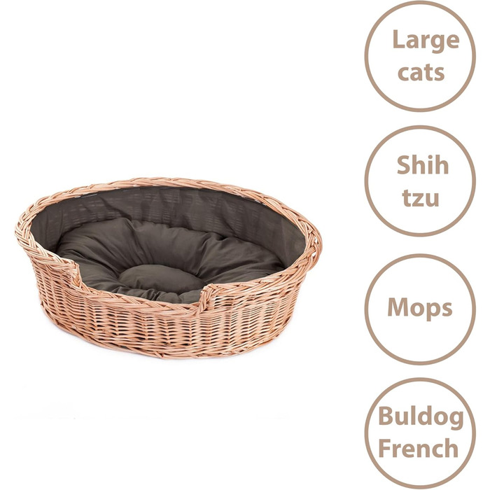 Wicker Dog Basket for Dog and Cat, Dog Bed, Cat Bed with Cushion, Pet Basket, Woven Cat Basket, 60x43 x H19 cm