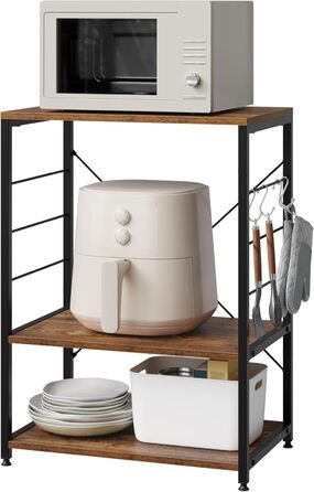 WOLTU Kitchen Shelf, Freestanding Shelf, Microwave Holder, Baker's Rack, Metal Shelf made of Wood and Steel, with 3 Shelves, approx. 60 x 40 x 82 cm, White + (Vintage Brown)