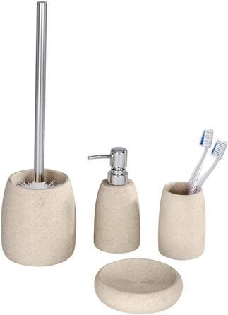 Набір для туалету WENKO Goa: тримач щітки з важкого полірезину (імітація каменю) та щітка з змінним насадком, бежевий, 11,8 x 38,5 см